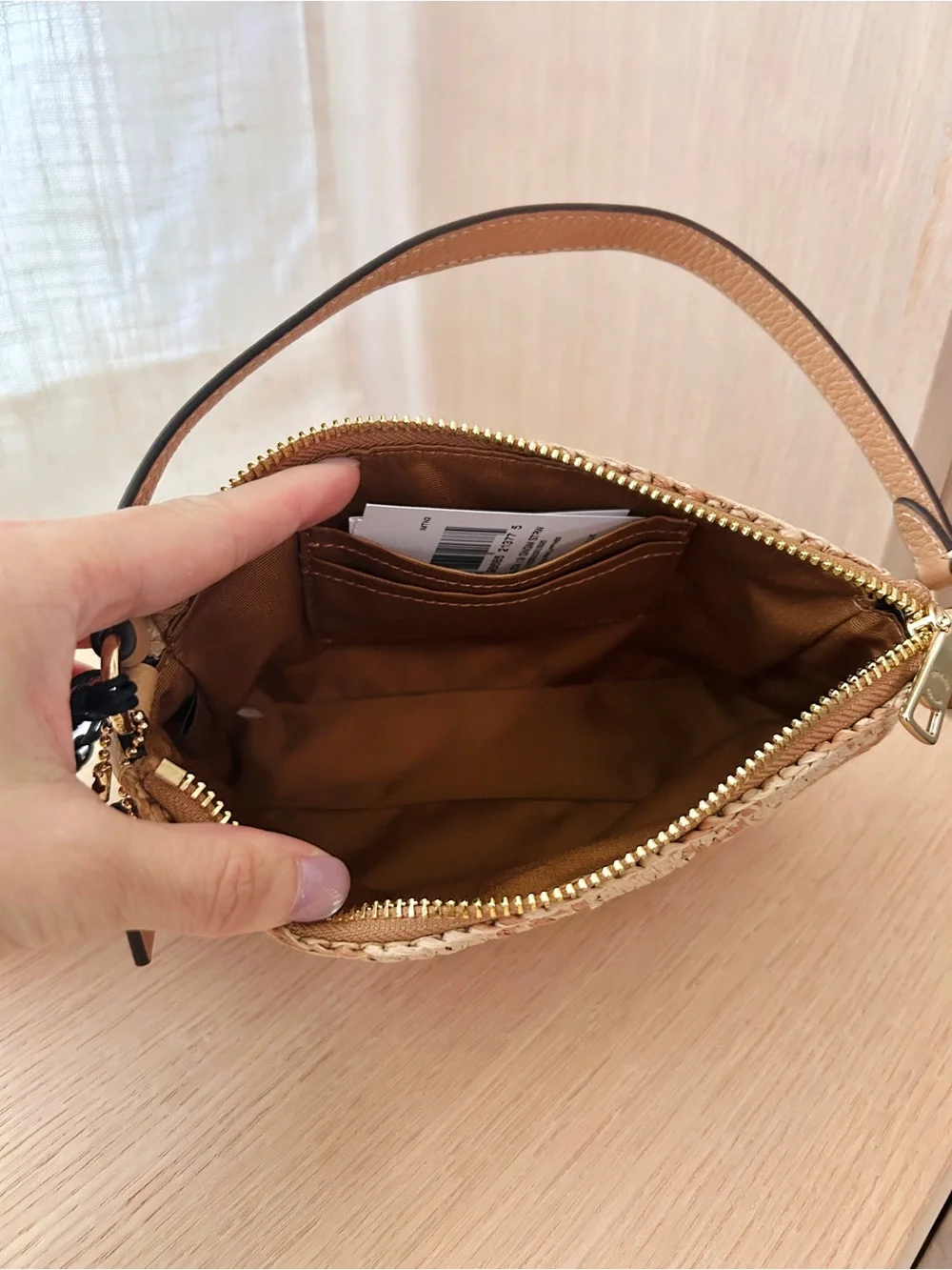 NWT🥨Coach Nolita 19 Gingham Print Tan Brown CEN00 Straw Shoulder Bag Wristlet